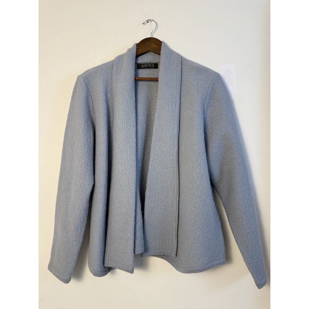 Kasper Women's Wool Cardigan Sweater L Blue Open Front 100% Wool Cozy Classic